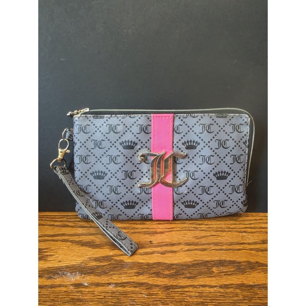 Juicy Couture Gray Pink Monogram Wristlet Wallet Clutch Organizer JC Crown